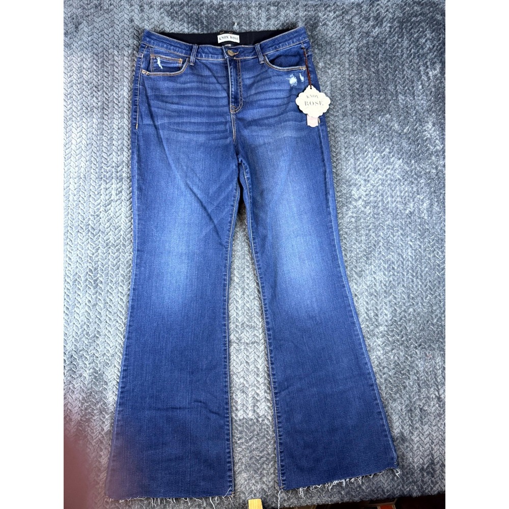 Knox Rose Flared Jeans Womens 14 Blue Whiskered Denim High Rise Stretch Raw Hem
